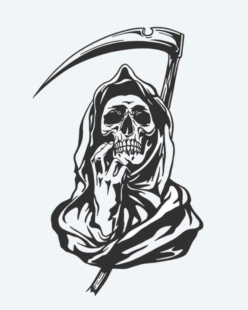 Grim Reaper semi-permanent tattoo design by INKON – hooded, grim, reaper, scythe, menacing illustration, 3 x 4 in (7x10cm), available at inkon.co