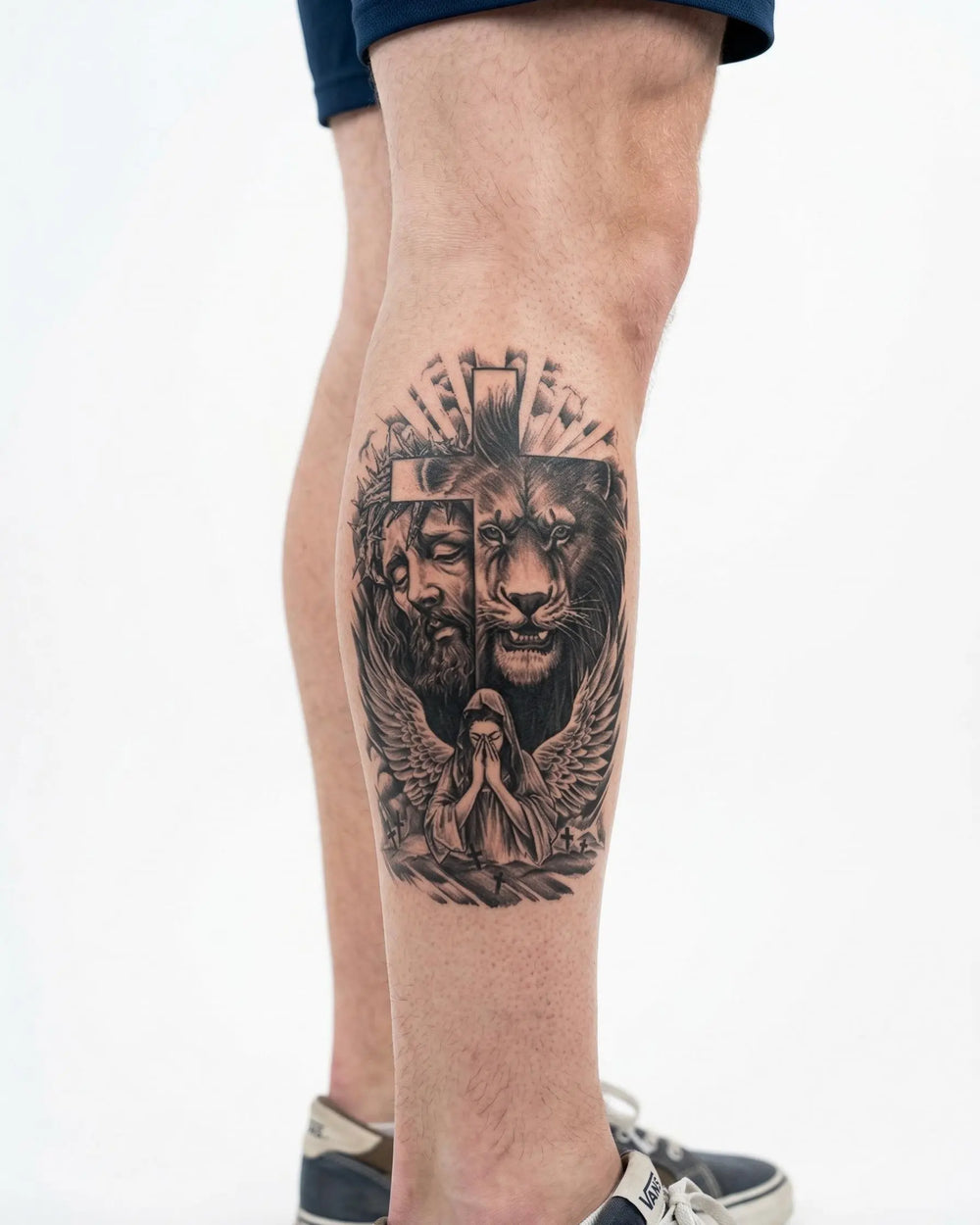 INKON Faith: Lion, Cross & Angel semi-permanent tattoo applied on a man – 4 x 7 in (10x17cm) design, realistic ink look, lasts 10 days