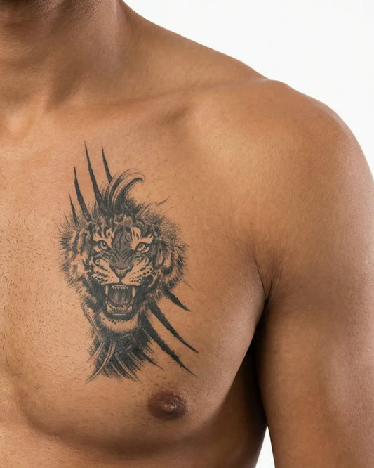 INKON Roaring Tiger & Claws semi-permanent tattoo applied on a man – 4 x 7 in (10x17cm) design, realistic ink look, lasts 10 days