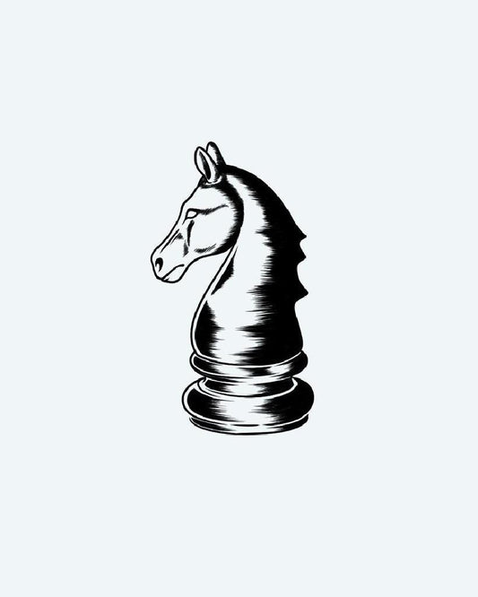 Engraved Chess Knight semi-permanent tattoo design by INKON – woodcut, linework, defines, sharp, profile illustration, 2 x 2 in (5x5cm), available at inkon.co