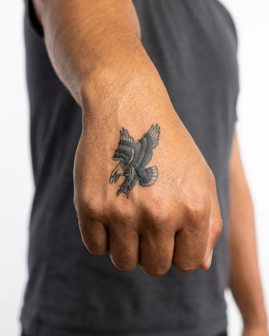 INKON Swooping Eagle semi-permanent tattoo applied on a man – 2 x 2 in (5x5cm) design, realistic ink look, lasts 10 days