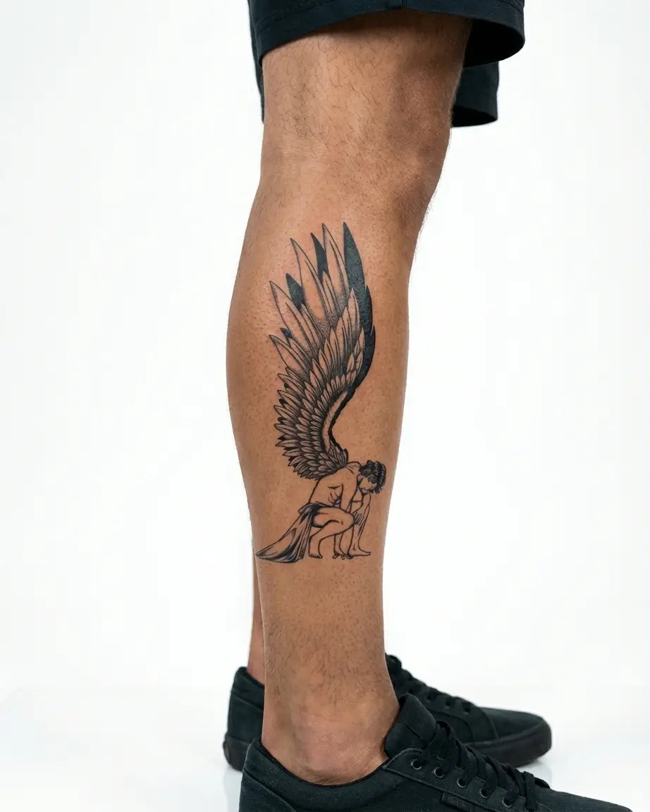 INKON Fallen Angel semi-permanent tattoo applied on a man – 4 x 8 in (11x21cm) design, realistic ink look, lasts 10 days