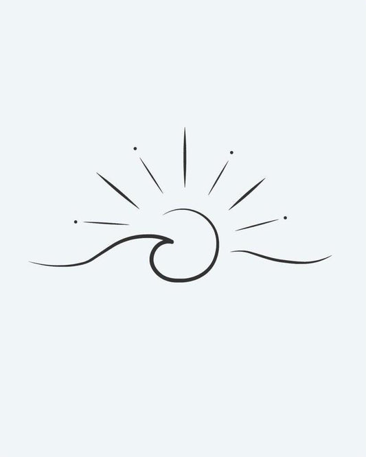 Wave & Sunshine semi-permanent tattoo design by INKON – ocean, wave, curling, beneath, rays illustration, 2 x 2 in (5x5cm), available at inkon.co
