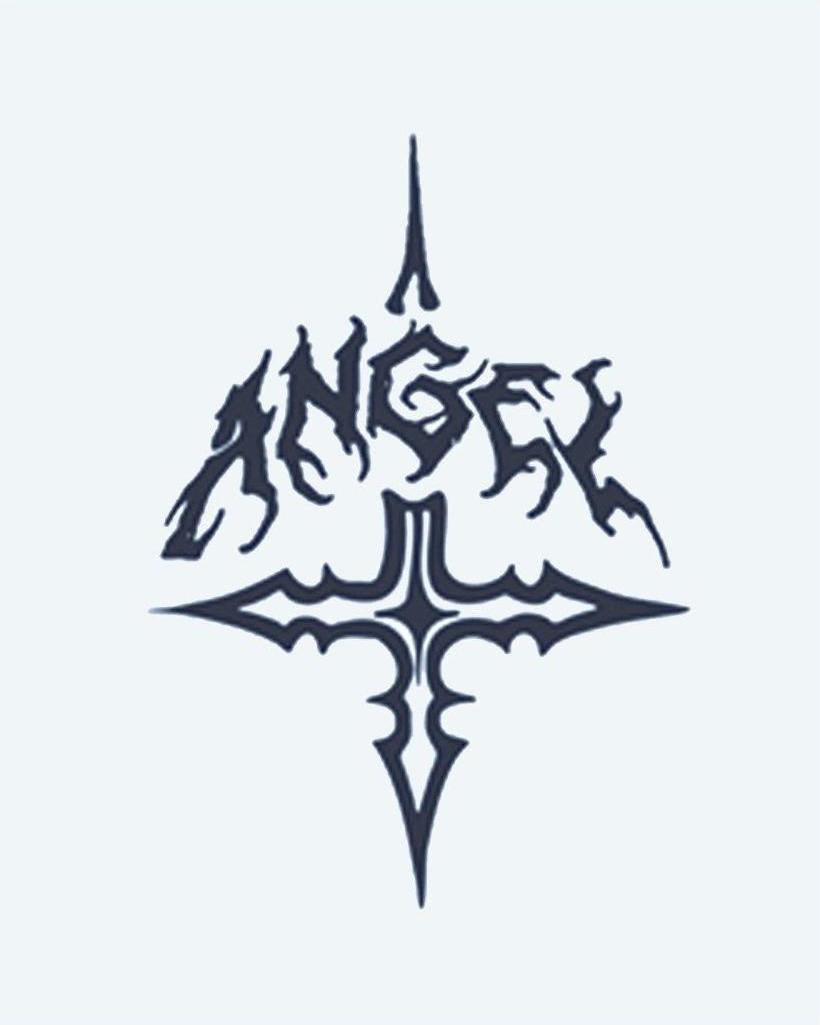 Angel Gothic Cross semi-permanent tattoo design by INKON – gothic, lettering, spelling, angel, above illustration, 2 x 2 in (5x5cm), available at inkon.co