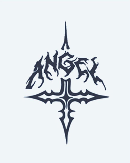 Angel Gothic Cross semi-permanent tattoo design by INKON – gothic, lettering, spelling, angel, above illustration, 2 x 2 in (5x5cm), available at inkon.co