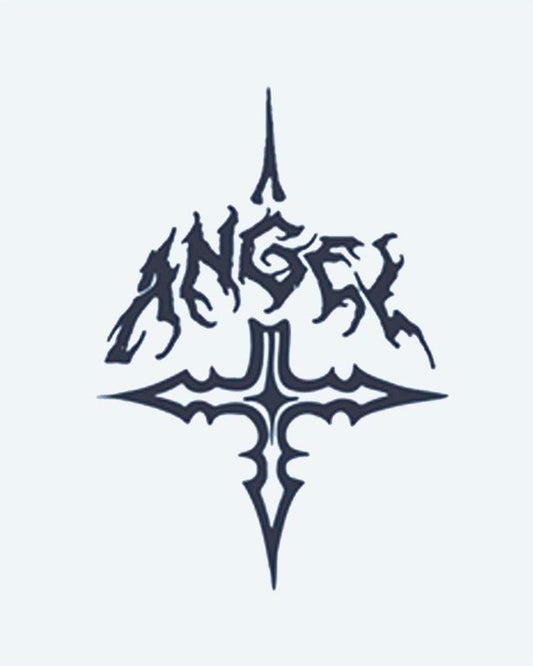 Angel Gothic Cross semi-permanent tattoo design by INKON – gothic, lettering, spelling, angel, above illustration, 2 x 2 in (5x5cm), available at inkon.co