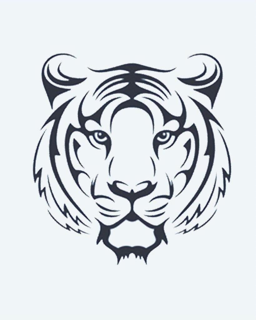 Tiger Face semi-permanent tattoo design by INKON – frontal, tiger, face, tribal, lines illustration, 2 x 2 in (5x5cm), available at inkon.co
