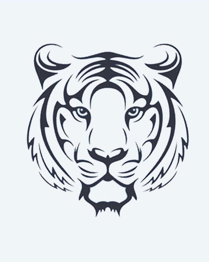 Tiger Face semi-permanent tattoo design by INKON – frontal, tiger, face, tribal, lines illustration, 2 x 2 in (5x5cm), available at inkon.co