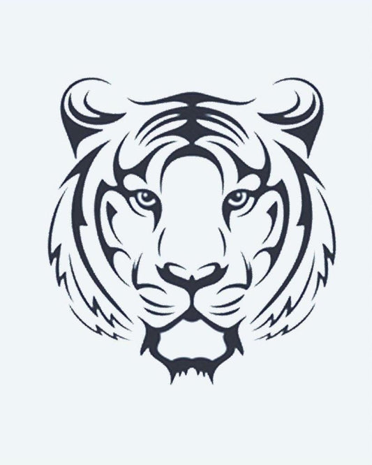 Tiger Face semi-permanent tattoo design by INKON – frontal, tiger, face, tribal, lines illustration, 2 x 2 in (5x5cm), available at inkon.co
