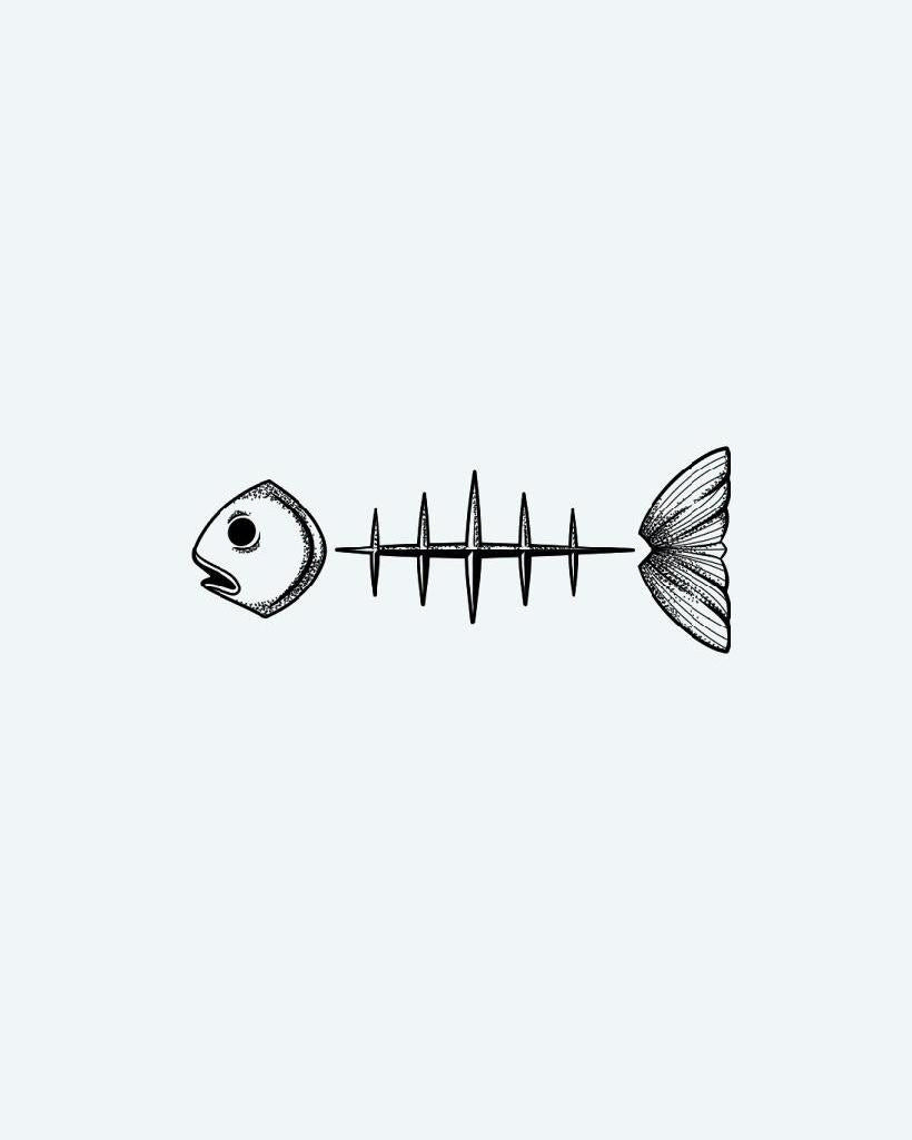 Minimalist Fish Skeleton semi-permanent tattoo design by INKON – dotwork, fine, lines, construct, minimalist illustration, 3 x 4 in (6x11cm), available at inkon.co