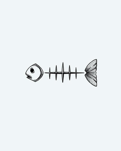 Minimalist Fish Skeleton semi-permanent tattoo design by INKON – dotwork, fine, lines, construct, minimalist illustration, 3 x 4 in (6x11cm), available at inkon.co