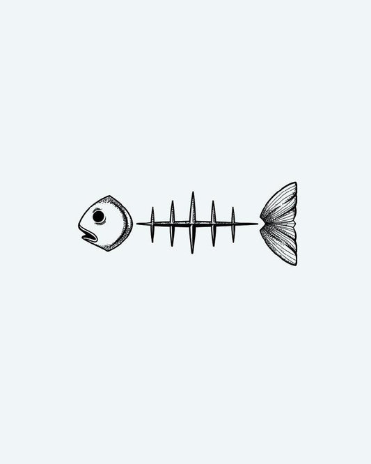 Minimalist Fish Skeleton semi-permanent tattoo design by INKON – dotwork, fine, lines, construct, minimalist illustration, 3 x 4 in (6x11cm), available at inkon.co