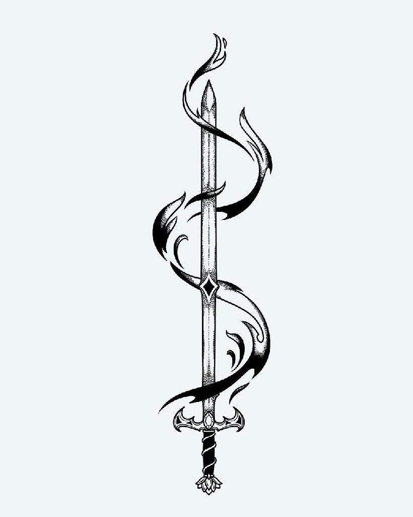 Sword & Dark Flames semi-permanent tattoo design by INKON – illustrative, blackwork, gleaming, longsword, enveloped illustration, 4 x 8 in (11x21cm), available at inkon.co