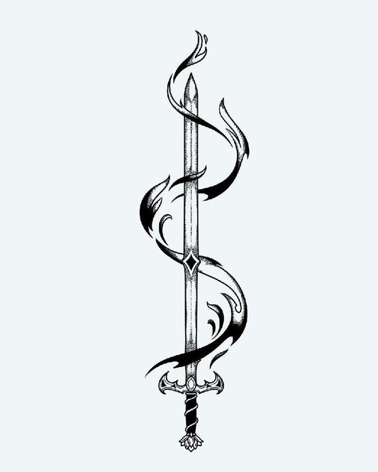 Sword & Dark Flames semi-permanent tattoo design by INKON – illustrative, blackwork, gleaming, longsword, enveloped illustration, 4 x 8 in (11x21cm), available at inkon.co