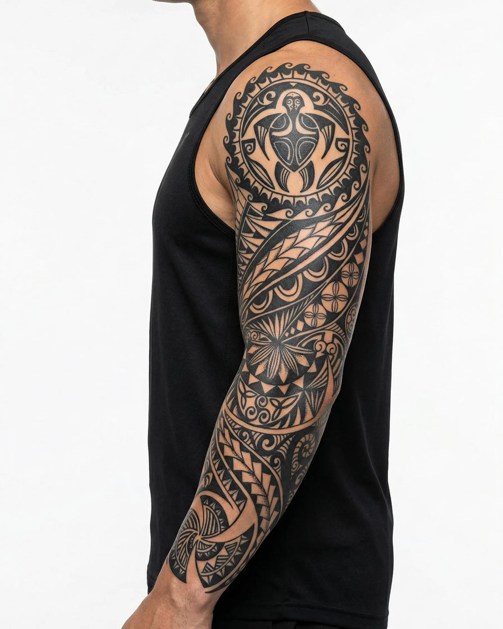 INKON Polynesian Tribal Sleeve semi-permanent tattoo applied on a man – 8 x 20 in (20x50cm) design, realistic ink look, lasts 10 days