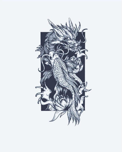 Dragon Koi semi-permanent tattoo design by INKON – majestic, dragon, emerging, fish, transformation illustration, 2 x 2 in (5x5cm), available at inkon.co