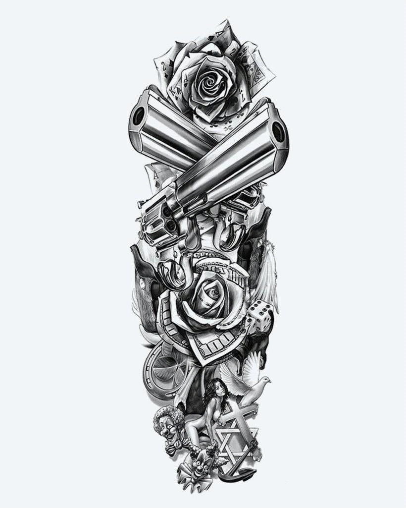 Revolvers & Roses semi-permanent tattoo design by INKON – full, sleeve, crossed, revolvers, roses illustration, 8 x 20 in (20x50cm), available at inkon.co