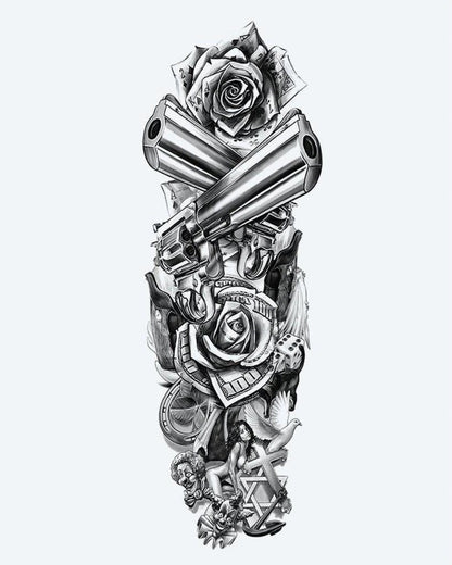 Revolvers & Roses semi-permanent tattoo design by INKON – full, sleeve, crossed, revolvers, roses illustration, 8 x 20 in (20x50cm), available at inkon.co