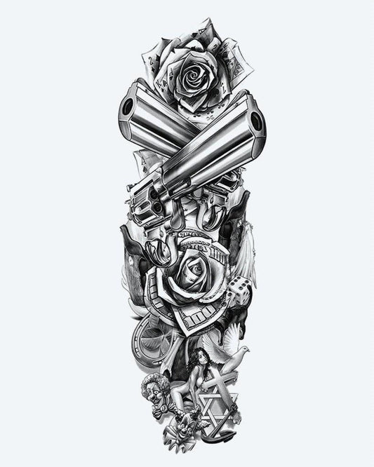 Revolvers & Roses semi-permanent tattoo design by INKON – full, sleeve, crossed, revolvers, roses illustration, 8 x 20 in (20x50cm), available at inkon.co