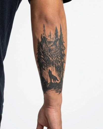 INKON Forest Owl & Wolf semi-permanent tattoo applied on a man – 4 x 7 in (10x17cm) design, realistic ink look, lasts 10 days