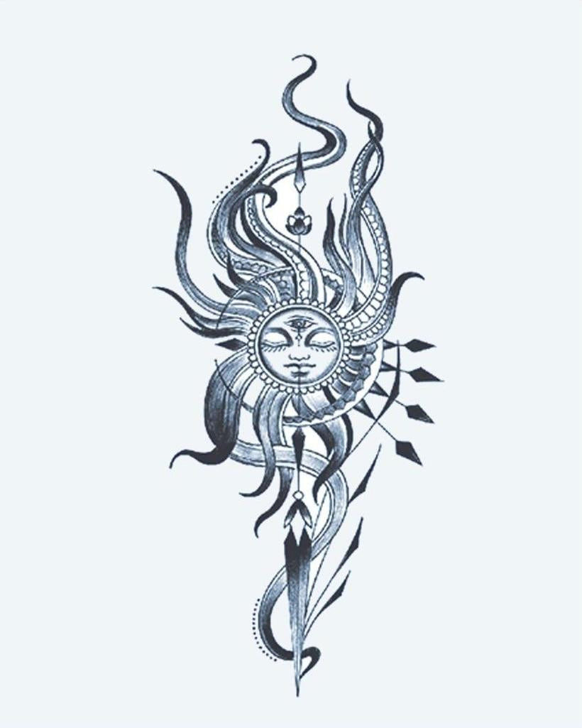 Celestial Sun Face semi-permanent tattoo design by INKON – ornate, serene, face, surrounded, flowing illustration, 4 x 7 in (10x17cm), available at inkon.co