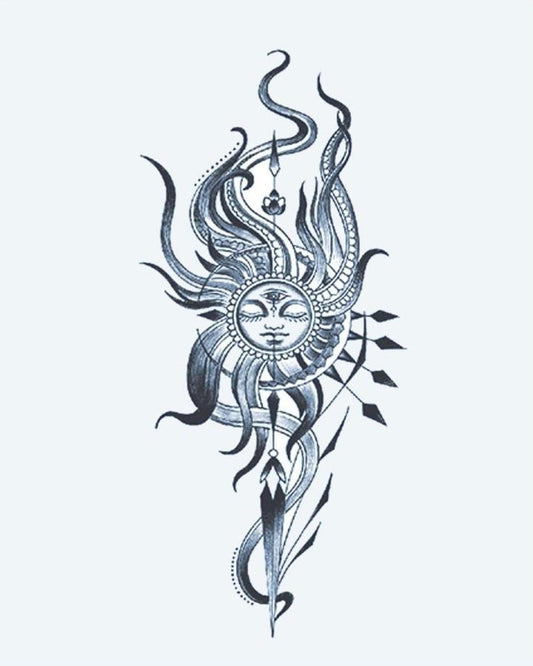 Celestial Sun Face semi-permanent tattoo design by INKON – ornate, serene, face, surrounded, flowing illustration, 4 x 7 in (10x17cm), available at inkon.co