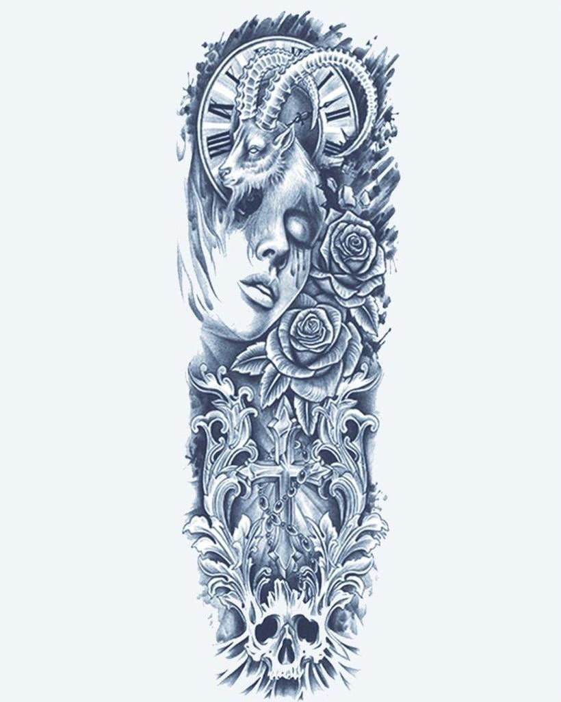 Ram Woman & Gothic Cross semi-permanent tattoo design by INKON – dark, alluring, full, sleeve, woman illustration, 8 x 20 in (20x50cm), available at inkon.co