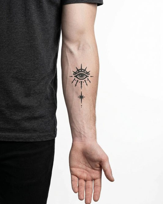 INKON All-Seeing Eye & Star semi-permanent tattoo applied on a man – 3 x 4 in (6x11cm) design, realistic ink look, lasts 10 days