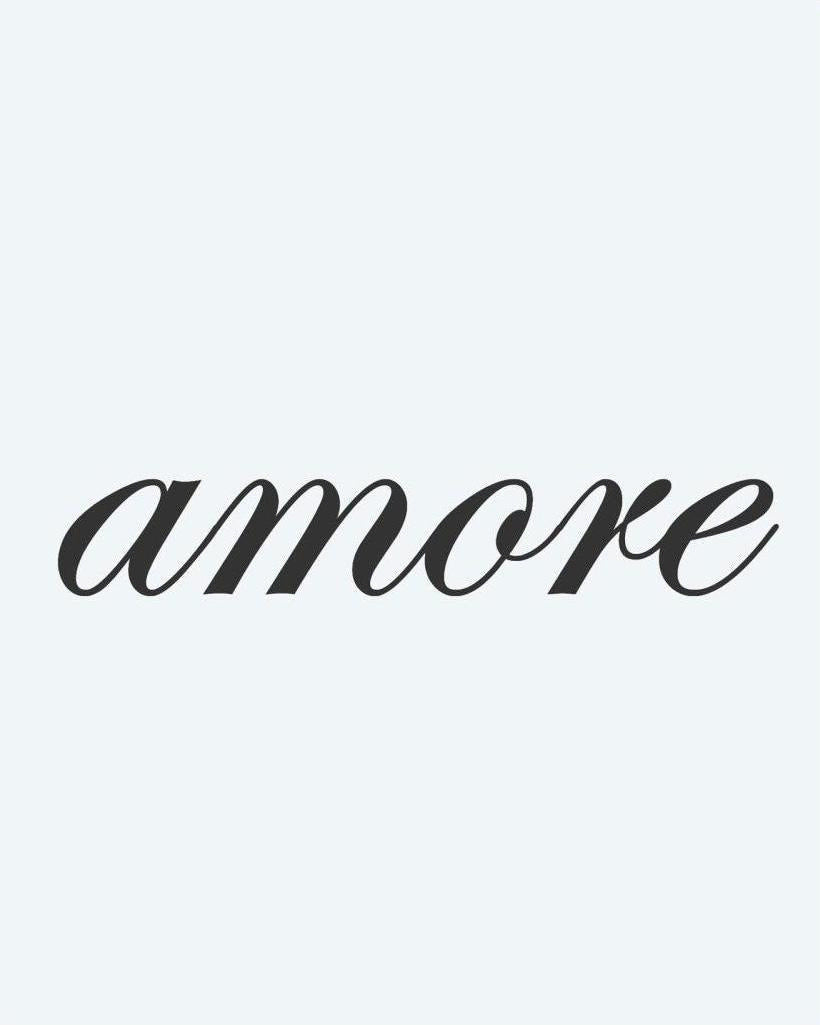 Amore Script semi-permanent tattoo design by INKON – word, amore, written, italic, calligraphy illustration, 2 x 2 in (5x5cm), available at inkon.co