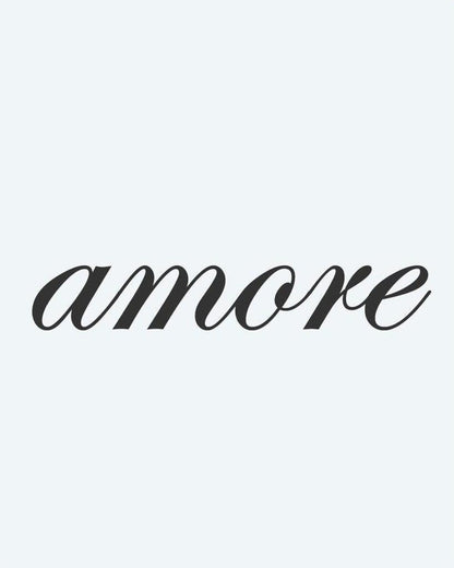 Amore Script semi-permanent tattoo design by INKON – word, amore, written, italic, calligraphy illustration, 2 x 2 in (5x5cm), available at inkon.co