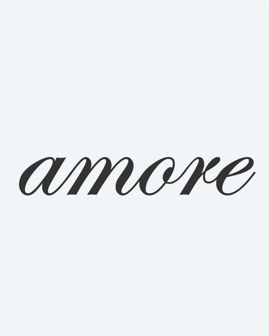 Amore Script semi-permanent tattoo design by INKON – word, amore, written, italic, calligraphy illustration, 2 x 2 in (5x5cm), available at inkon.co