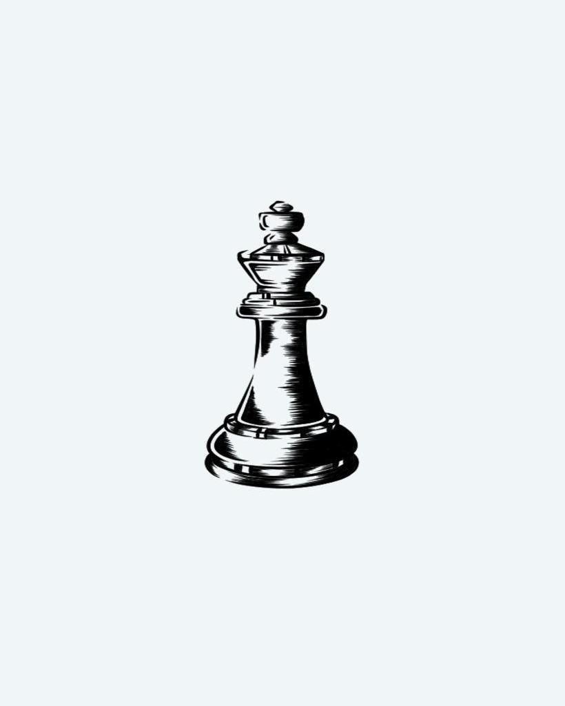 Engraved Chess King semi-permanent tattoo design by INKON – woodcut, linework, commanding, silhouette, chess illustration, 2 x 2 in (5x5cm), available at inkon.co