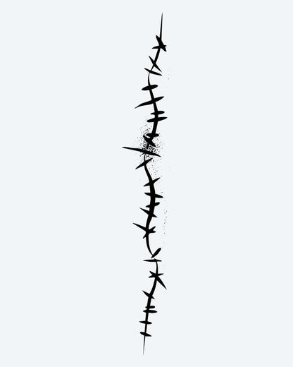Barbed Wire Line semi-permanent tattoo design by INKON – barbed, wire, vertical, line, gritty illustration, 4 x 8 in (11x21cm), available at inkon.co
