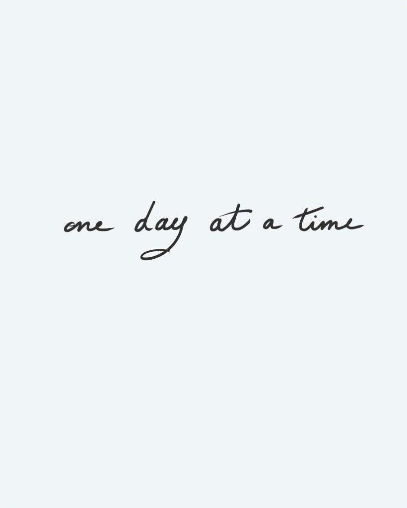 One Day at a Time semi-permanent tattoo design by INKON – handwritten, phrase, time, flowing, cursive illustration, 3 x 4 in (6x11cm), available at inkon.co