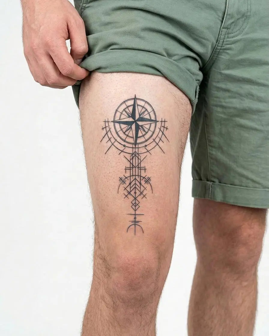 INKON Geometric Compass Rose semi-permanent tattoo applied on a man – 4 x 7 in (10x17cm) design, realistic ink look, lasts 10 days