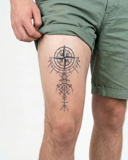 INKON Geometric Compass Rose semi-permanent tattoo applied on a man – 4 x 7 in (10x17cm) design, realistic ink look, lasts 10 days