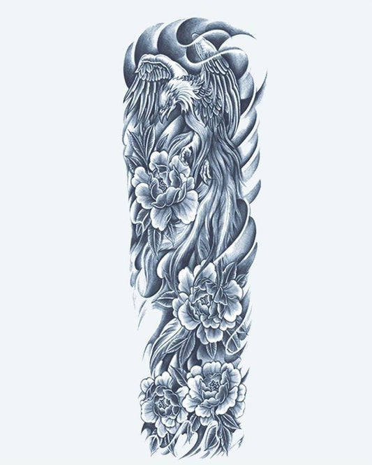 Phoenix & Peonies semi-permanent tattoo design by INKON – graceful, full, sleeve, phoenix, flight illustration, 8 x 20 in (20x50cm), available at inkon.co