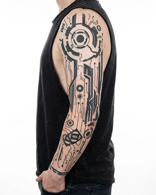 INKON Cyberpunk Circuit semi-permanent tattoo applied on a man – 8 x 20 in (20x50cm) design, realistic ink look, lasts 10 days