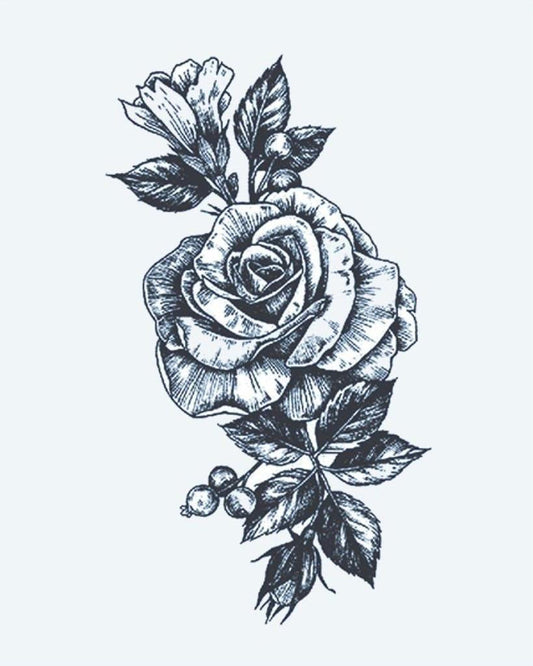 Rose Bouquet semi-permanent tattoo design by INKON – beautifully, rose, bloom, surrounding, buds illustration, 4 x 7 in (10x17cm), available at inkon.co