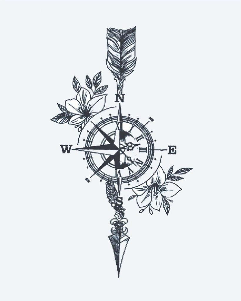Floral Compass & Arrow semi-permanent tattoo design by INKON – nautical, compass, arrow, blooming, flowers illustration, 3 x 4 in (6x11cm), available at inkon.co