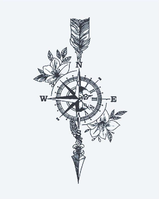 Floral Compass & Arrow semi-permanent tattoo design by INKON – nautical, compass, arrow, blooming, flowers illustration, 3 x 4 in (6x11cm), available at inkon.co