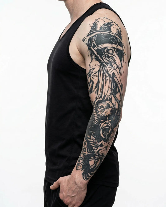 INKON Plague Doctor & Bear semi-permanent tattoo applied on a man – 8 x 20 in (20x50cm) design, realistic ink look, lasts 10 days