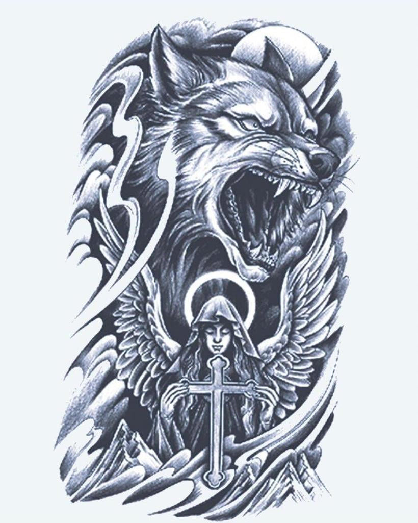 Wolf & Guardian Angel semi-permanent tattoo design by INKON – snarling, wolf, above, guardian, angel illustration, 4 x 7 in (10x17cm), available at inkon.co