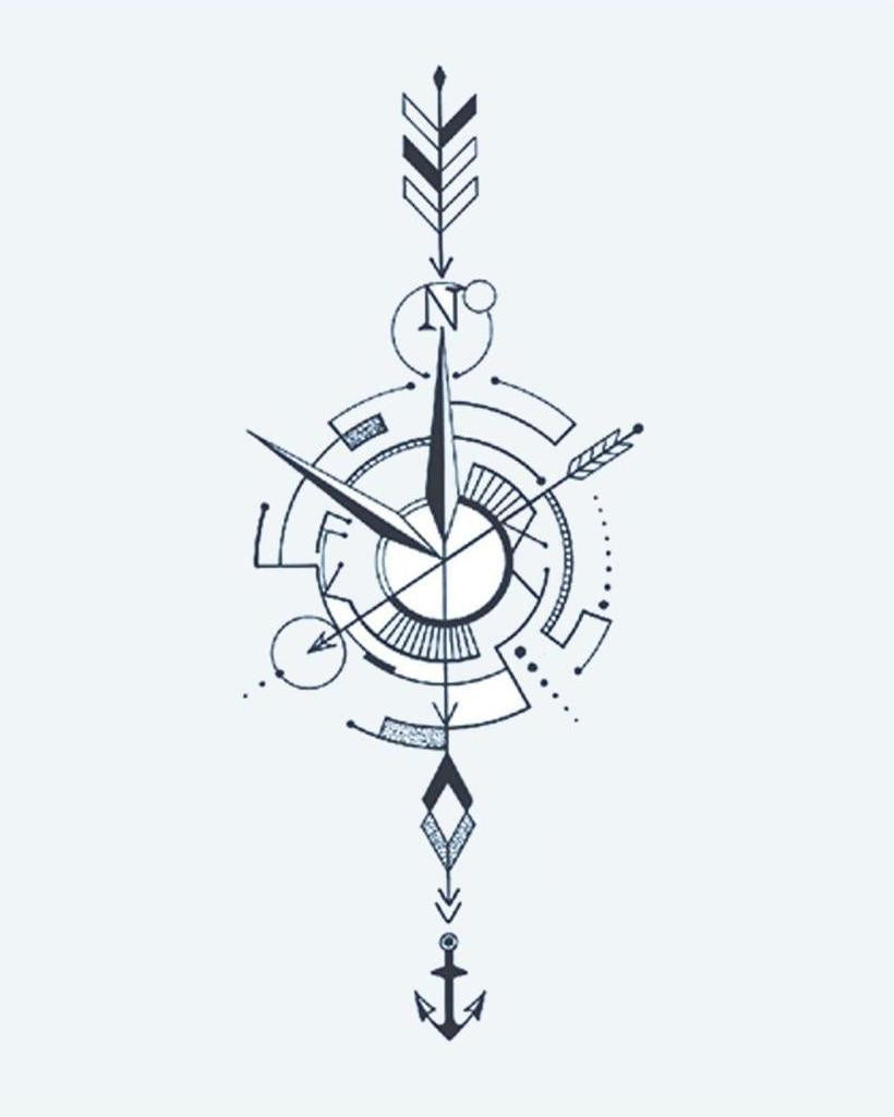 Nautical Compass Arrow semi-permanent tattoo design by INKON – minimalist, compass, arrow, anchor, fine illustration, 4 x 7 in (10x17cm), available at inkon.co