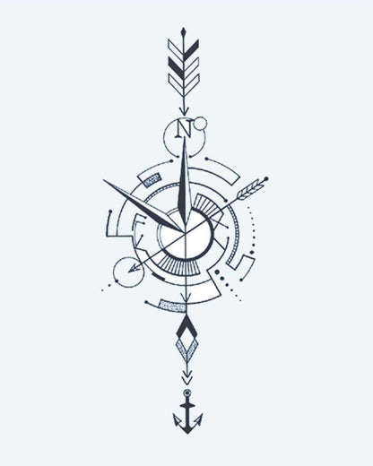Nautical Compass Arrow semi-permanent tattoo design by INKON – minimalist, compass, arrow, anchor, fine illustration, 4 x 7 in (10x17cm), available at inkon.co