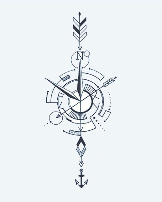 Nautical Compass Arrow semi-permanent tattoo design by INKON – minimalist, compass, arrow, anchor, fine illustration, 4 x 7 in (10x17cm), available at inkon.co