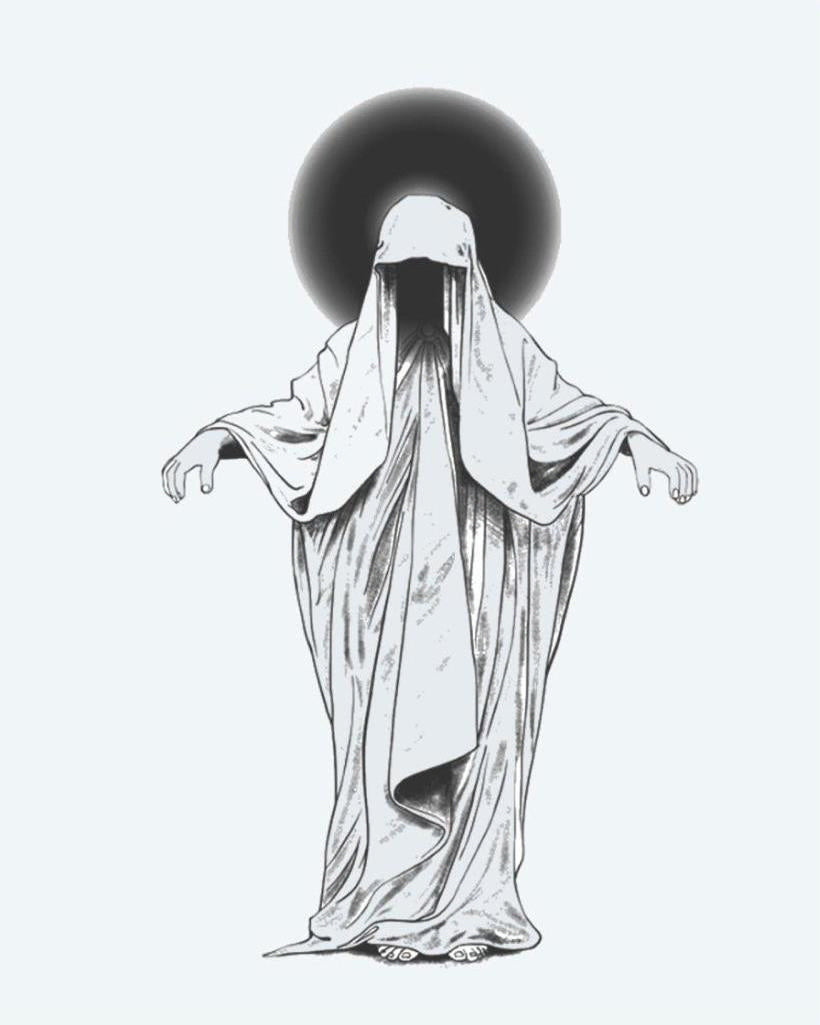 Veiled Phantom semi-permanent tattoo design by INKON – mysterious, robed, figure, veiled, face illustration, 4 x 7 in (10x17cm), available at inkon.co