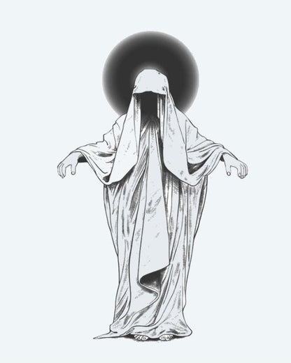 Veiled Phantom semi-permanent tattoo design by INKON – mysterious, robed, figure, veiled, face illustration, 4 x 7 in (10x17cm), available at inkon.co