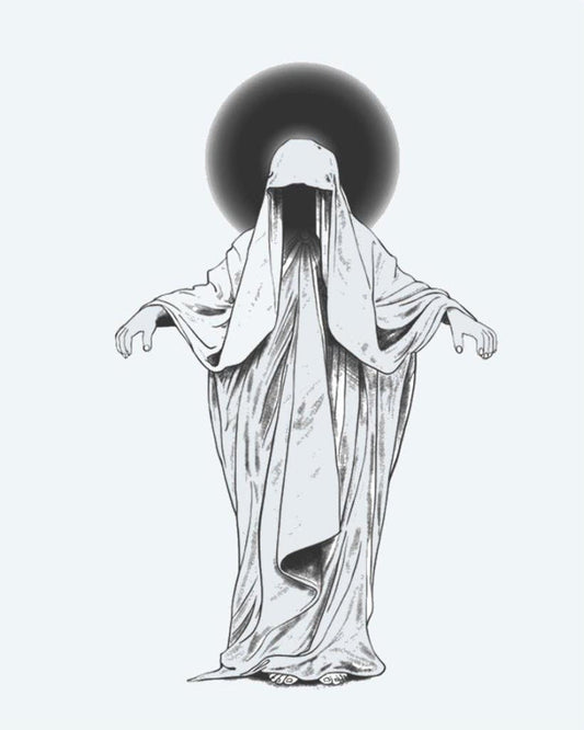 Veiled Phantom semi-permanent tattoo design by INKON – mysterious, robed, figure, veiled, face illustration, 4 x 7 in (10x17cm), available at inkon.co