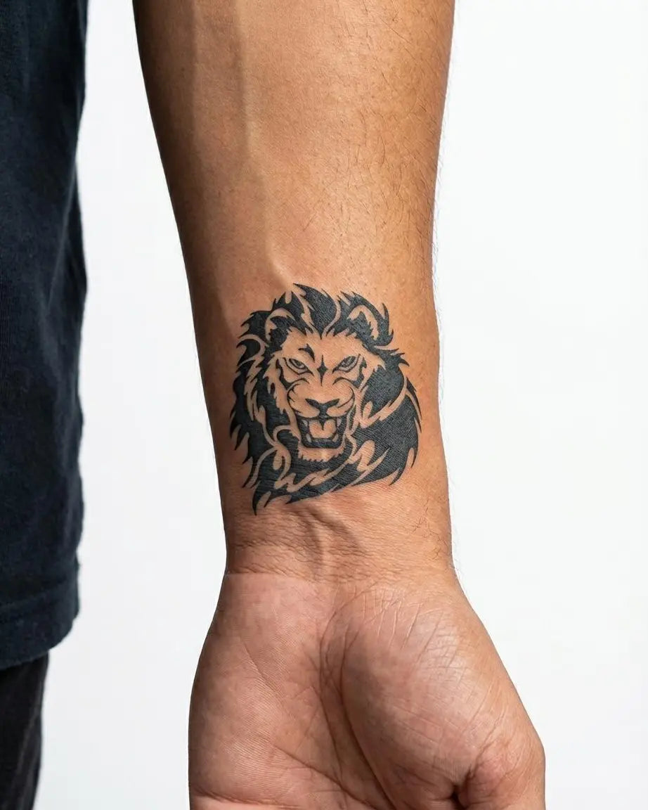 INKON Roaring Lion semi-permanent tattoo applied on a man – 2 x 2 in (5x5cm) design, realistic ink look, lasts 10 days